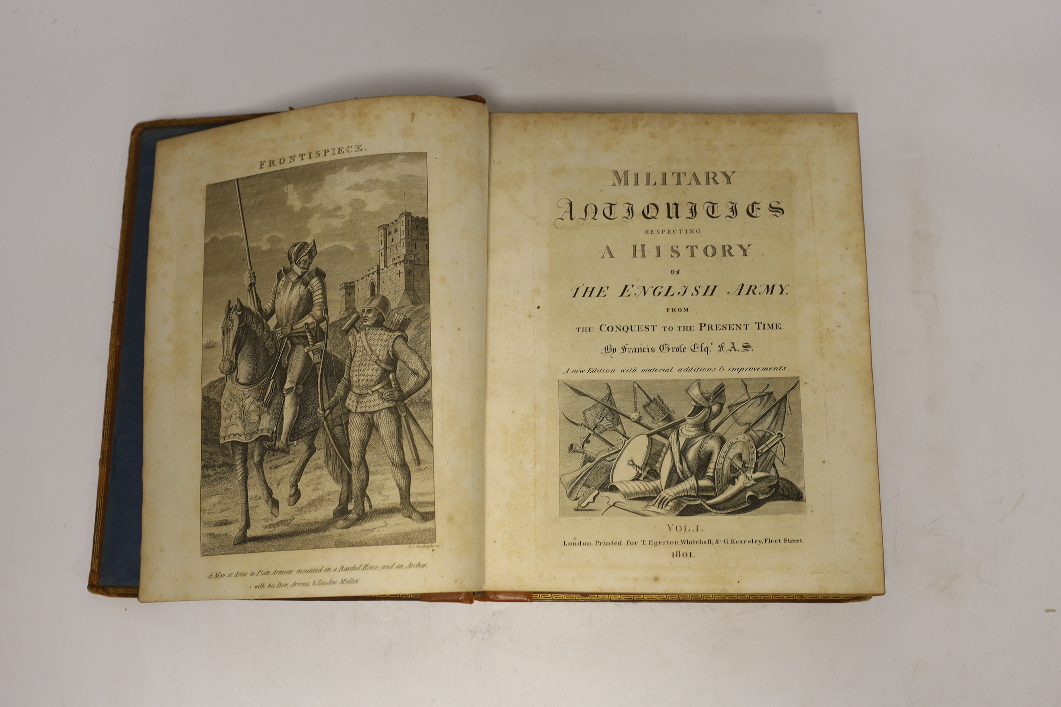 Grose, Francis - Military Antiquities respecting the History of the English Army. new edition with material additions and improvements, 2 vols. pictorial engraved titles, num. plates and plans; contemp. gilt and blind de